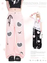 ヴィンテージチェック柄レースハートアップリケデニムパンツ【ワイドレッグ・リボン付き・ゆったりシルエット】（セットアップ対応）