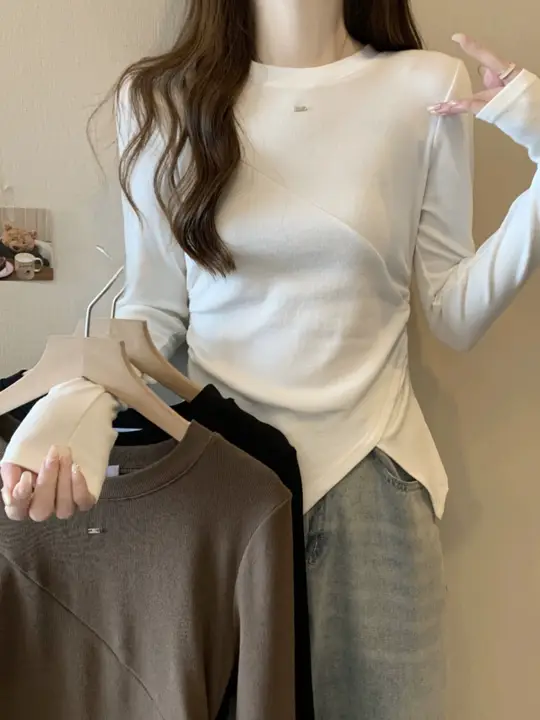 極上の柔らかさ！体型カバー フリルデザイン長袖Tシャツ【女性用・ラウンドネック・スリムフィット】