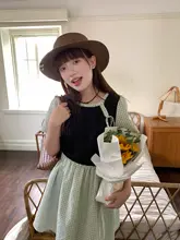 ブルーのニットパネルデザインドレス【ショートスリーブ・ウエストシェイプ・夏用・ゆったりした着心地】（セットアップ対応）