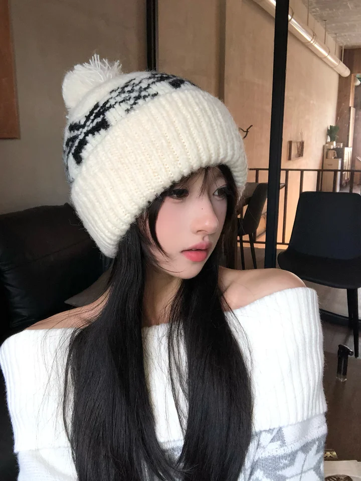 レトロフェアアイル柄ポンポンニットキャップ【冬用・厚手・保温】