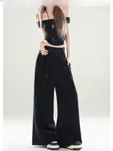 デザインジッパー付きドローストリングワイドパンツ【スタイル・ファッション・カジュアル】