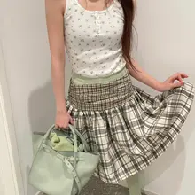フランス風レトロチェック柄のティアードスカート【ウエストゴム・夏用・高品質】（セットアップ対応）