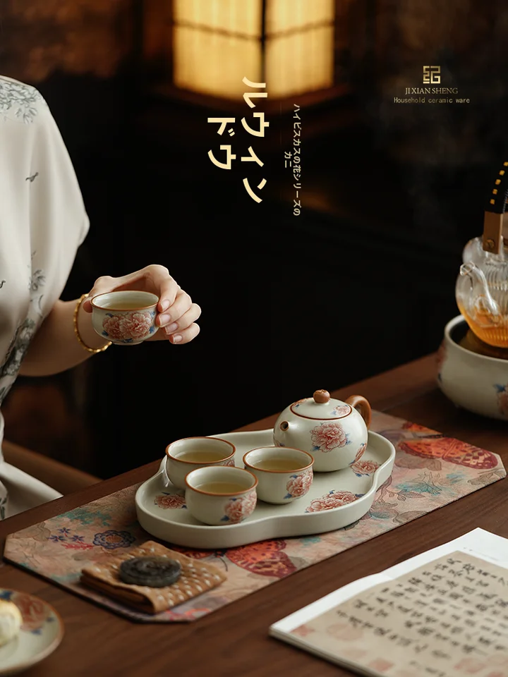 高級 芙蓉花デザインの茶具【汝窯風・ギフト向け・女性用】（セットアップ対応）
