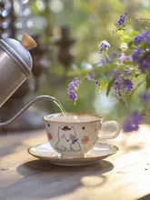 レトロ手描きのワビサビ風コーヒーカップ【フレンチスタイル・陶器製・デザイン性の高い】