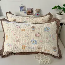 可愛い小清新スタイルの全棉枕カバー【花辺付き・ホテル用・大判】（セットアップ対応）