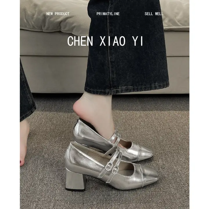 羊皮製 マリージェン ハイヒール【春秋用・スクエアトゥ・中ヒール・シルバー】