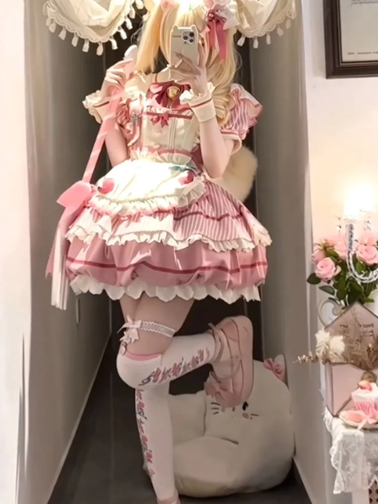 かわいい日常用ロリータドレス【ピンク・花苞デザイン・コスプレ対応】（セットアップ対応）