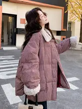 レトロチェックの中長丈ダウンコート【厚手・暖かい・女性用・白鹅绒】