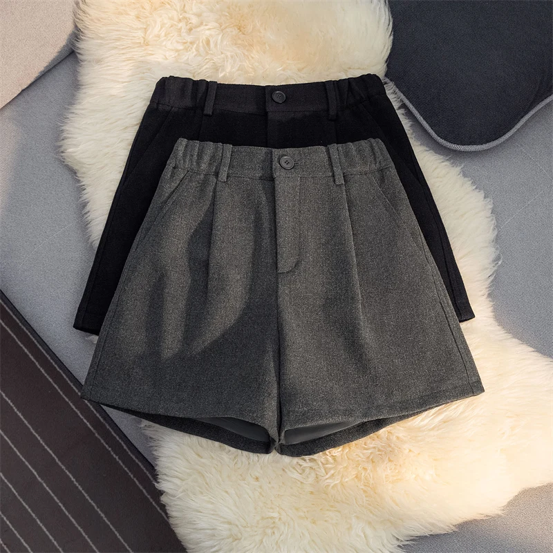 毛織りのウエストゴムショートパンツ【高ウエスト・グレー・ゆったりワイドレッグ】（セットアップ対応）