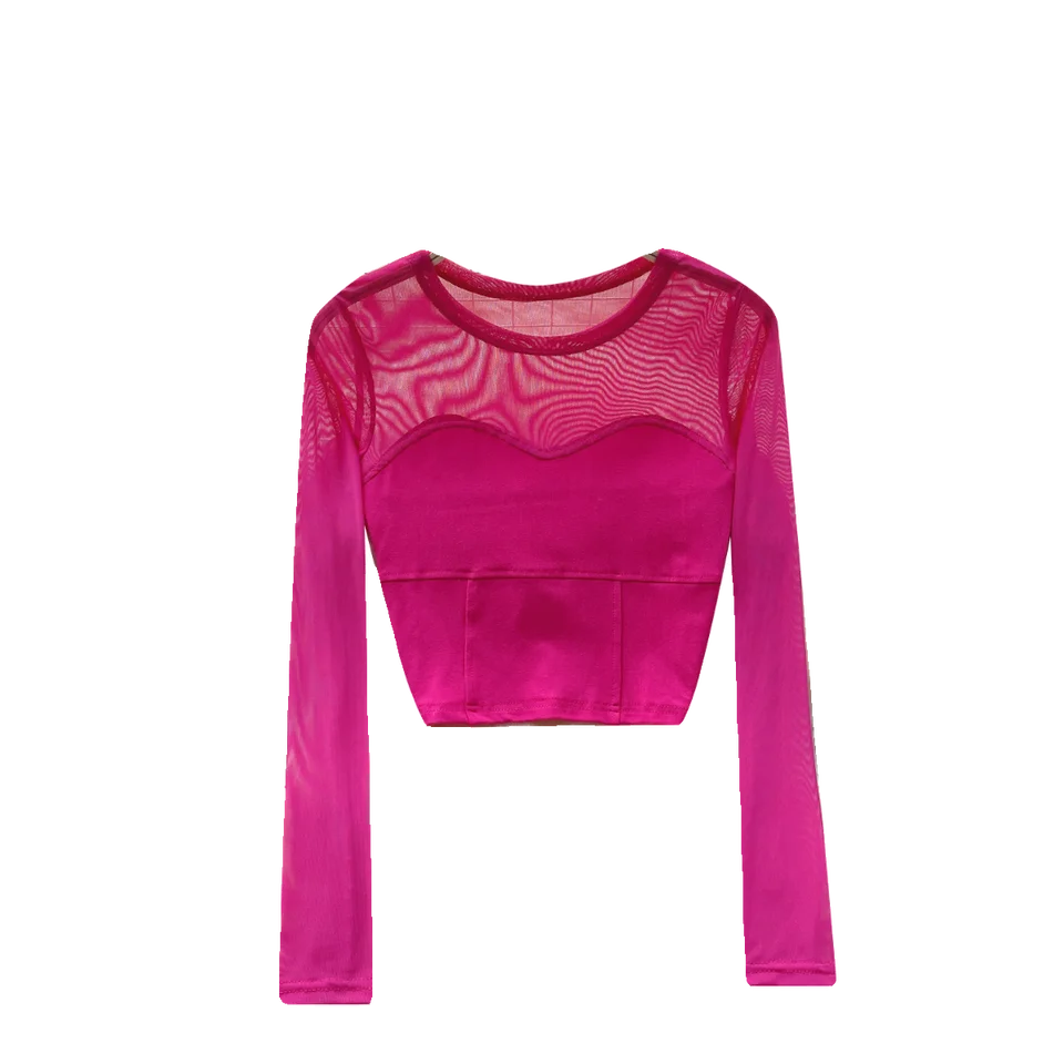 デザイン性の高い長袖レディースTシャツ【秋用・ネット生地・ショート丈・おしゃれな雰囲気】