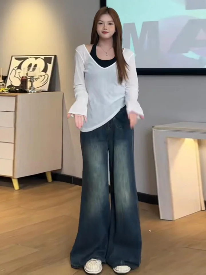 大きいサイズ キャジュアル ワイドレングスデニムパンツ【ハイウエスト・ポケット付き・梨型体型にフィット】