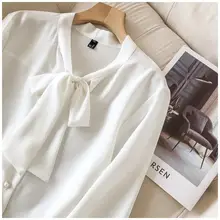 リボン付きカジュアル長袖ブラウス【春秋向け・大きいサイズ・シフォン素材】