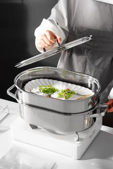 onlycook 304ステンレス製2段蒸し器【楕円形・長方形・電磁調理器対応】
