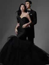 黒いパニエ付きフィッシュテールマーメイドドレス【ストレートネック・ウエスト絞り・カップル写真撮影用・ロング丈】