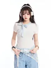 星柄リボン付き短袖Tシャツ【カラーコンビネーション・フィット感・ドットデザイン】
