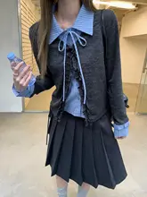 バイカラーのストライプニットトップス【フリル付き・リボンタイ・ゆったりフィット】