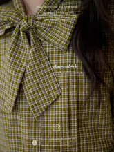刺繍チェック柄のリボン付きブラウス【女性用・フレンチスタイル】