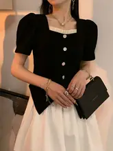 黒のレトロフレンチデザイン バブルスリーブトップス【スクエアネック・夏用・短袖】
