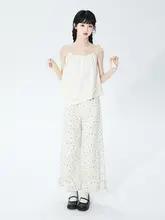 米色フラワープリントワイドレッグデニムパンツ【夏用・シルエット・レース装飾】（セットアップ対応 ）