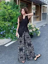 2点セット レディース ベスト ワイドパンツ ブラック プリント パッチワーク レイヤード 韓流 シンプル 夏