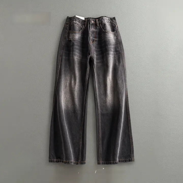 デニムパンツ メンズ 竹節綿 ウォッシュ加工 フレア ワイド ストリート ブラック 春