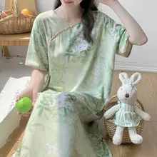 夏用プリント綿シルクネグリジェ【ストライプ・フィット・ミディアム丈・国風】