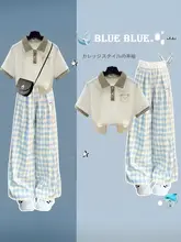 学院風 夏用 レディース 半袖ポロシャツ【チェック柄・ルーズフィット】とワイドパンツ（セットアップ対応）