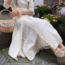 レースの花柄ミディスカート【ウエストゴム・コットン製・刺繍デザイン・ヴィンテージスタイル】