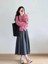 グレーウール調のハイウエストAラインスカート【秋冬・体型カバー・ミドル丈】