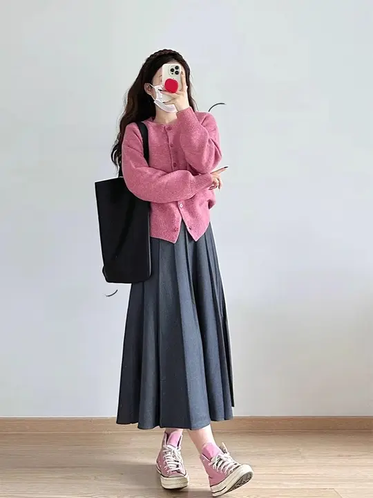 グレーウール調のハイウエストAラインスカート【秋冬・体型カバー・ミドル丈】