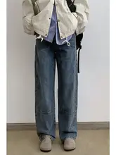 アメ リカンヴィンテージウォッシュデザインの猫ひげブルーデニムパンツ【ユニセックス・ルーズストレート・ワイドレッグ・スリム効果】