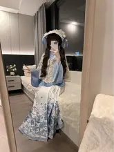 青色のエレガントな漢服風 マーメイドスカート【琵琶袖・可愛いデザイン・ロリータスタイル】（セットアップ対応）