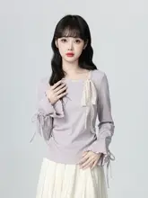斜め襟デザインの長袖Tシャツ【紫・リボン付き・ウエストシェイプ・秋用】