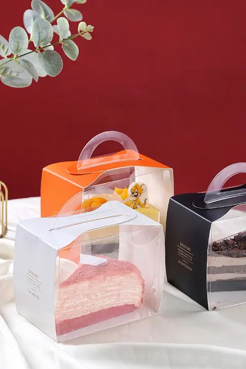 オレンジ色の三角形デザイン・手提げムース小ケーキボックス【フランス風スイーツ用・持ち運び便利】