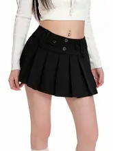 黒色 学院風ハイウエストプリーツスカート【女性用・Aライン・ボタン装飾・短め】