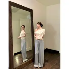 醋酸製のウエストゴム付きパンツ【直筒・ワイドレッグ・夏用】（セットアップ対応）