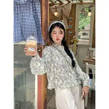 シンプルでおしゃれな花柄秋用立襟シャツ【小柄対応・韓国風デザイン】