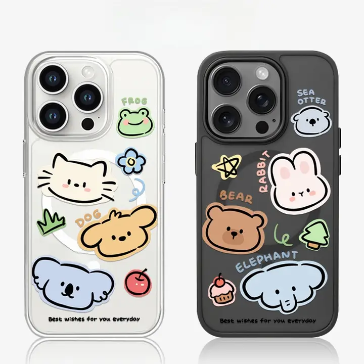 スマホケース iPhone Xiaomi 対応 可愛い 動物イラスト ペア マグネット式 クリア ブラック カメラコントロールボタン対応