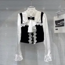 フリル付きレースパッチワークの蝶結びブラウス【春季・フレンチスタイル・女性用】