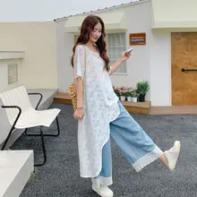 夏のレジャーに最適！レースの不規則なフリルブラウスとデニムパンツ（セットアップ対応）