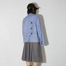 青いチェック柄の長袖シャツ【ゆったりデザイン・春夏用】