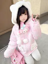 可愛い猫柄のロリータ風フード付き暖かコート【ピンク・女性用】