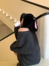 大耳ウサギの毛糸帽子【秋冬用・ブラック・かわいい・防寒・保温】