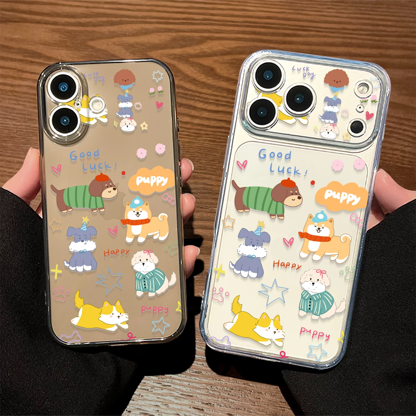 犬のイラストが可愛いiPhoneケース：透明・ブラックの子犬デザインと転倒防止機能