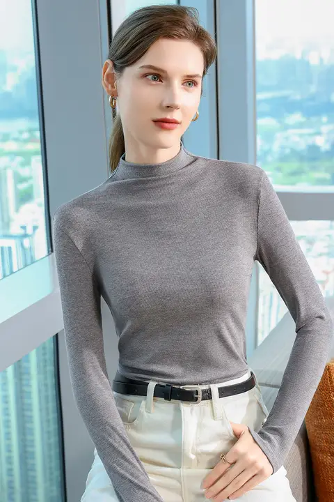 モダール素材 半高ネック 長袖トップス【秋冬用・スリムフィット・女性用】