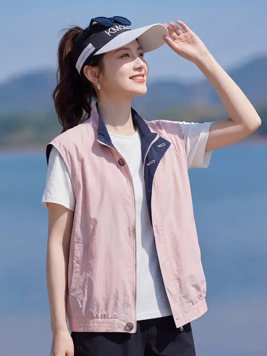 ピンクの純綿リバーシブル立襟ベスト【女性用・夏用・シンプルデザイン】