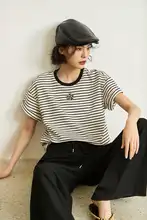夏のカジュアル通勤向けバイカラーストライプ半袖Tシャツ【ゆったりフィット・ショート丈】