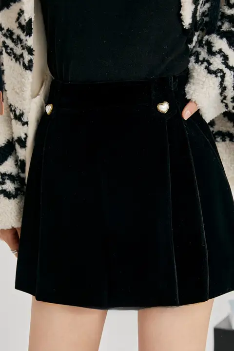 キュロット レディース ベロア ハートボタン ハイウエスト 着痩せ 着回し ブラック 秋