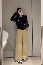 カーキ色 レディース フィット ワイドレッグパンツ【春秋用・カジュアル・スリム効果】