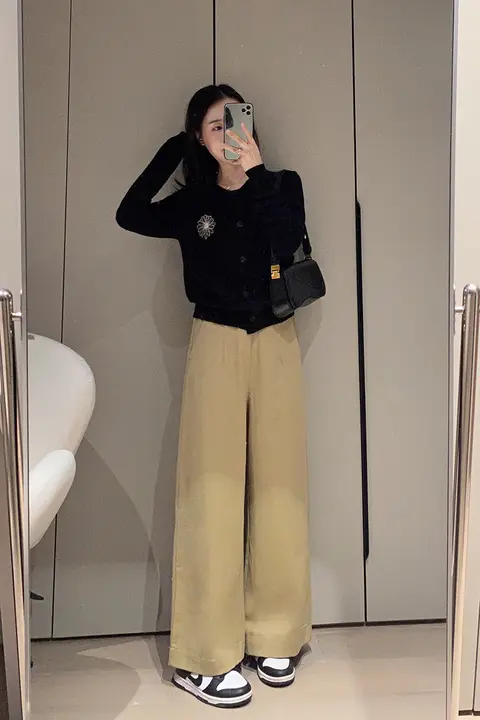 カーキ色 レディース フィット ワイドレッグパンツ【春秋用・カジュアル・スリム効果】